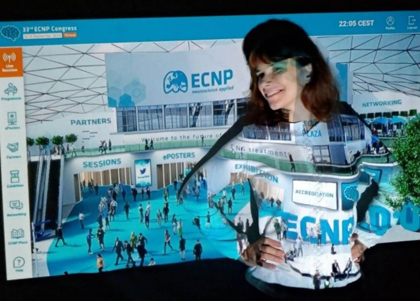 ECNP virtual congress live with woman in front of the image