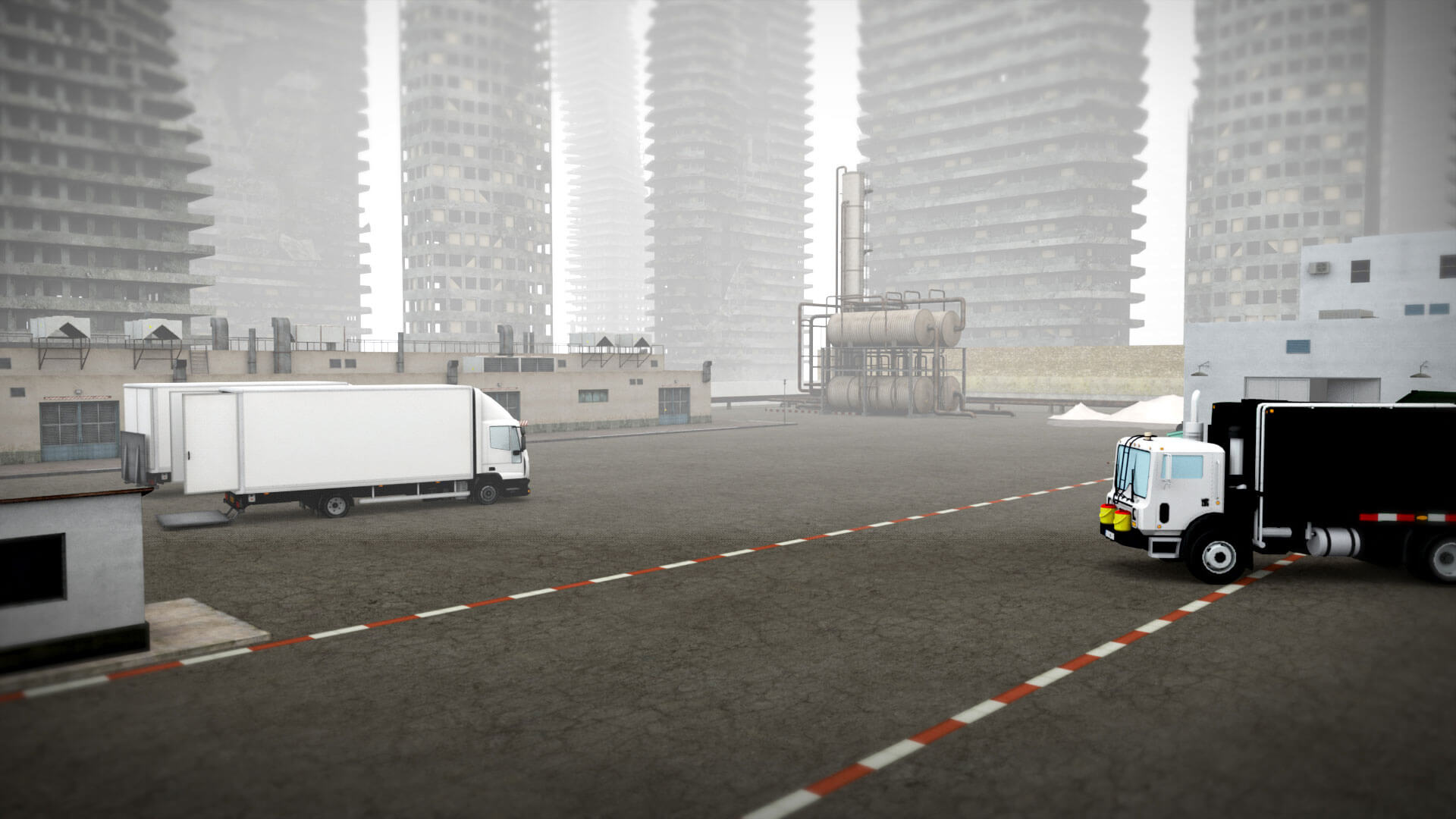 Animated polluted city with skyscrapers and lorries