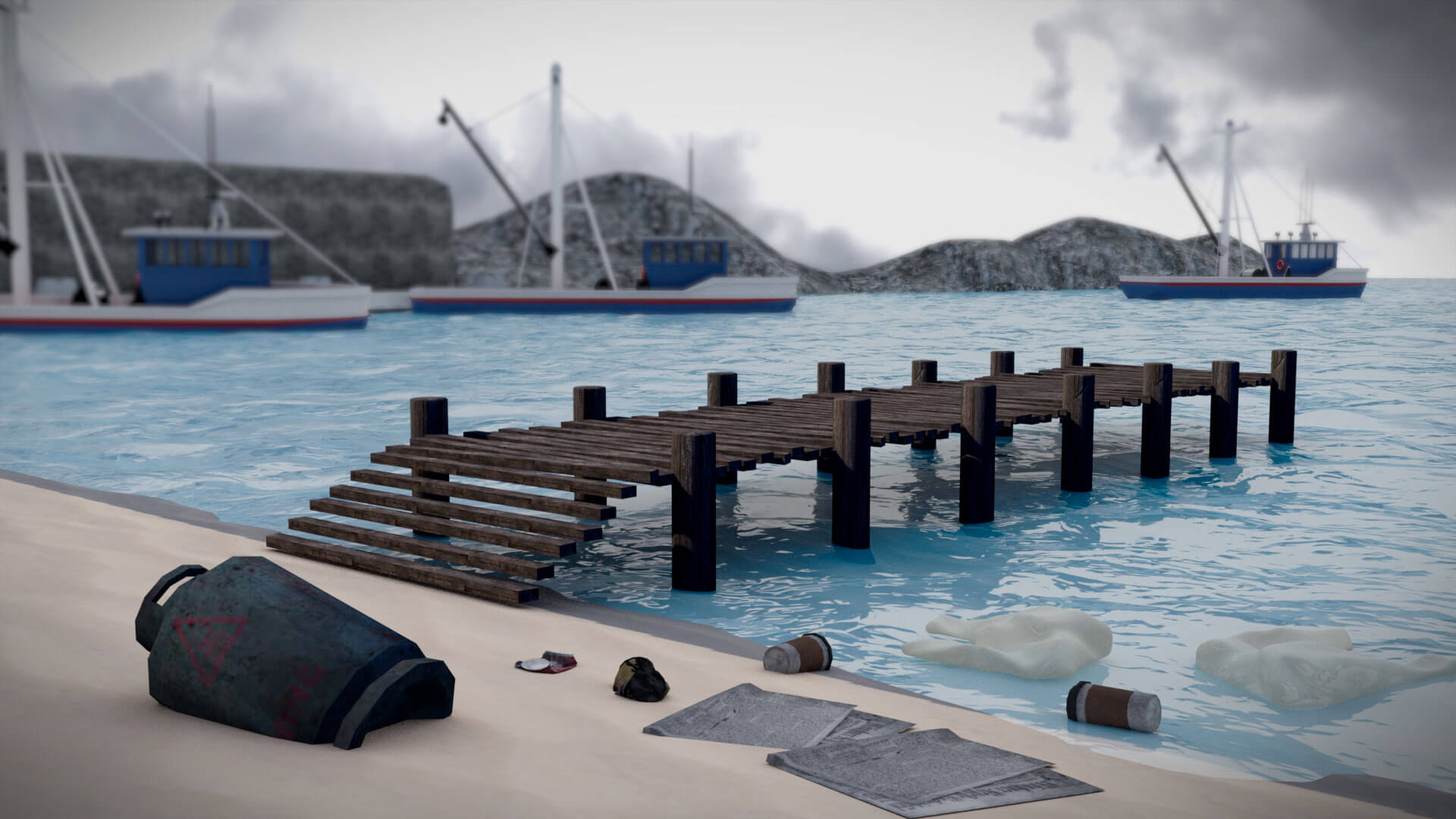 Animated ocean and bridge with polluting factories in the back ground for Siemens game environment