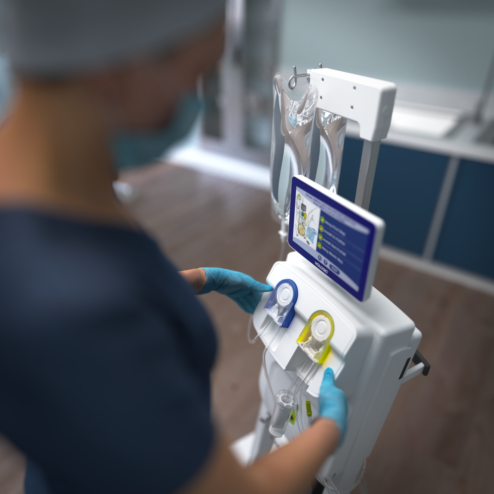 Animated doctor looking at a machine used for Gynaecologic operations