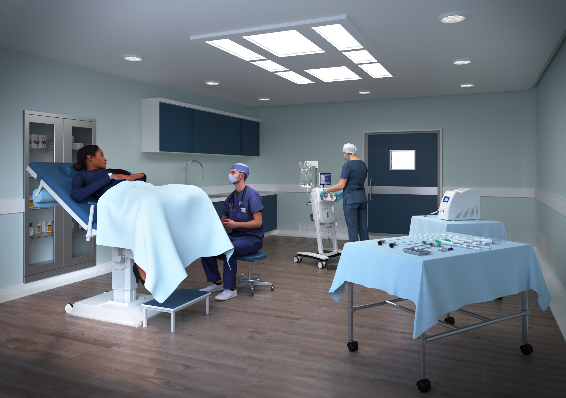 Animated virtual hospital in an outpatient setting with one patient and two doctors