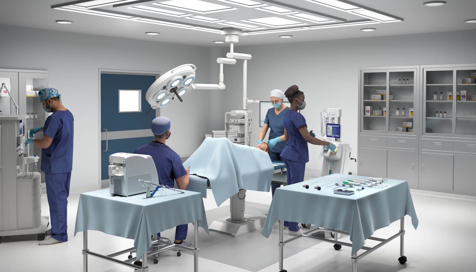 3D visual showing operating room, with three nurses and patient