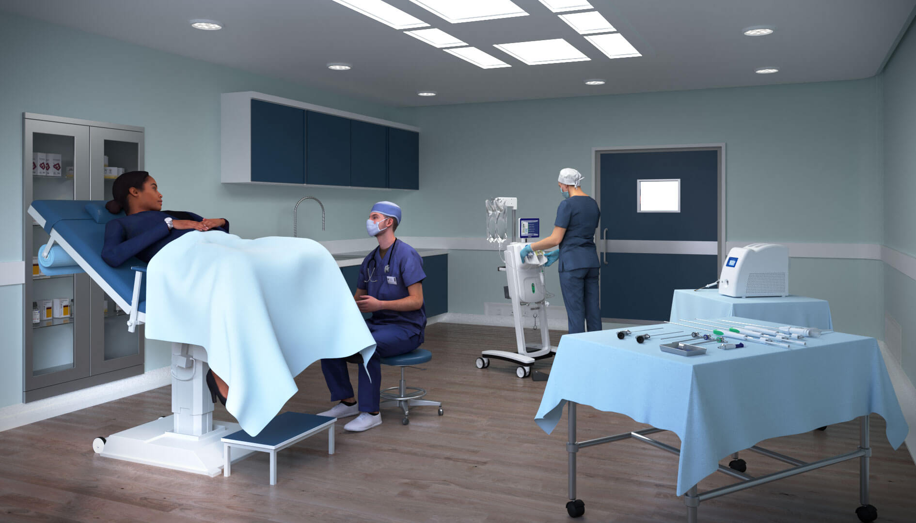 3D visual showing hospital room, with two nurses and a patient