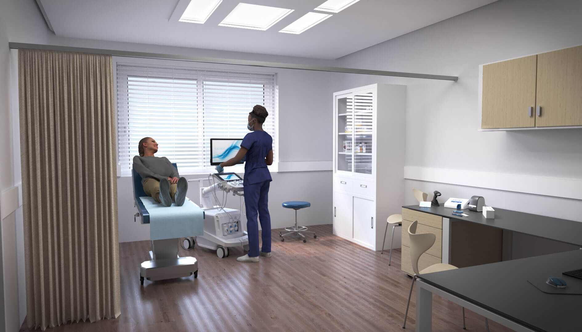 3D visual of hospital room with patient and nurse