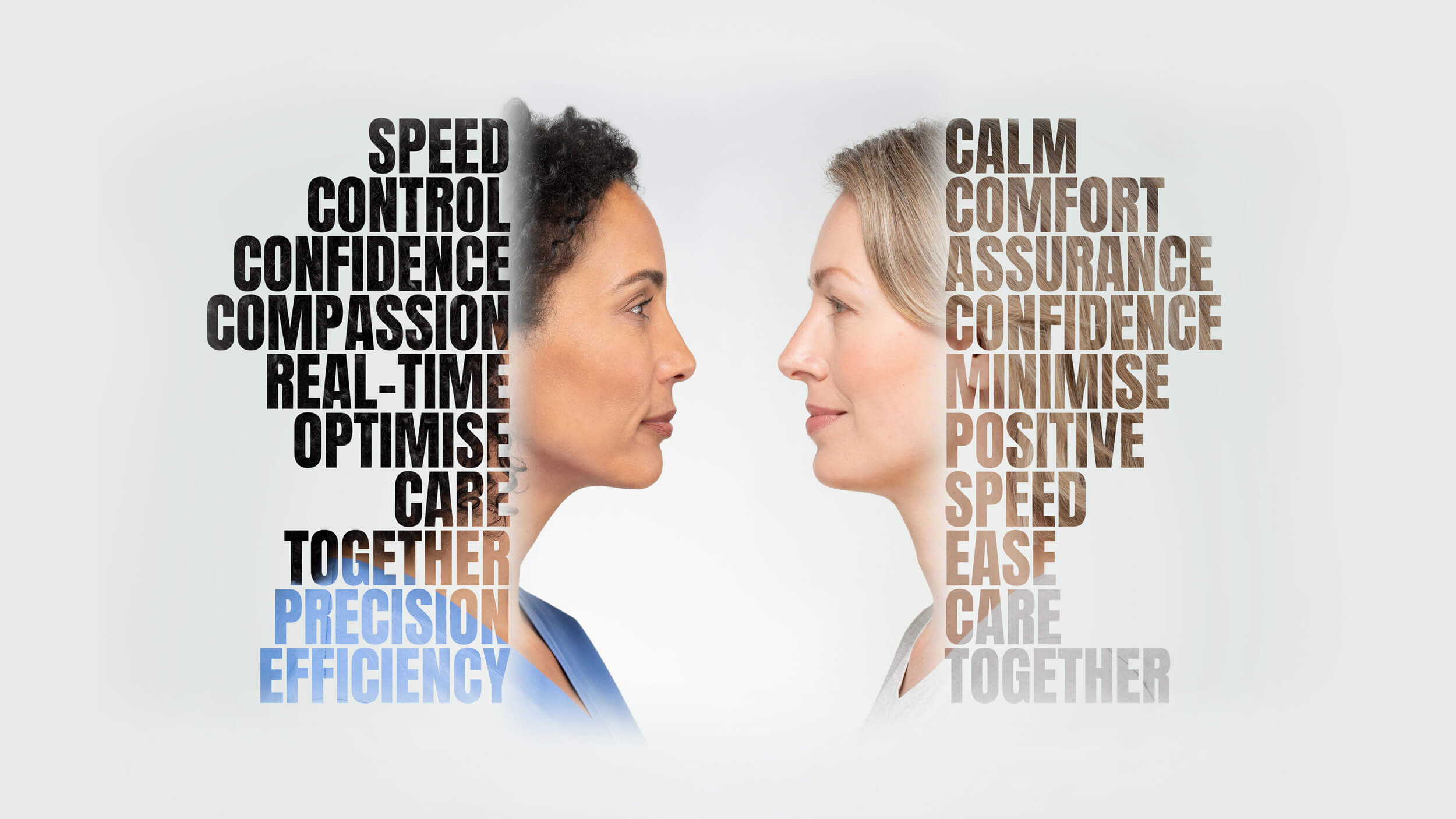 Campaign visual with two women and text on the back of their heads. Text: Speed, control, confidence, calm, comfort, positive