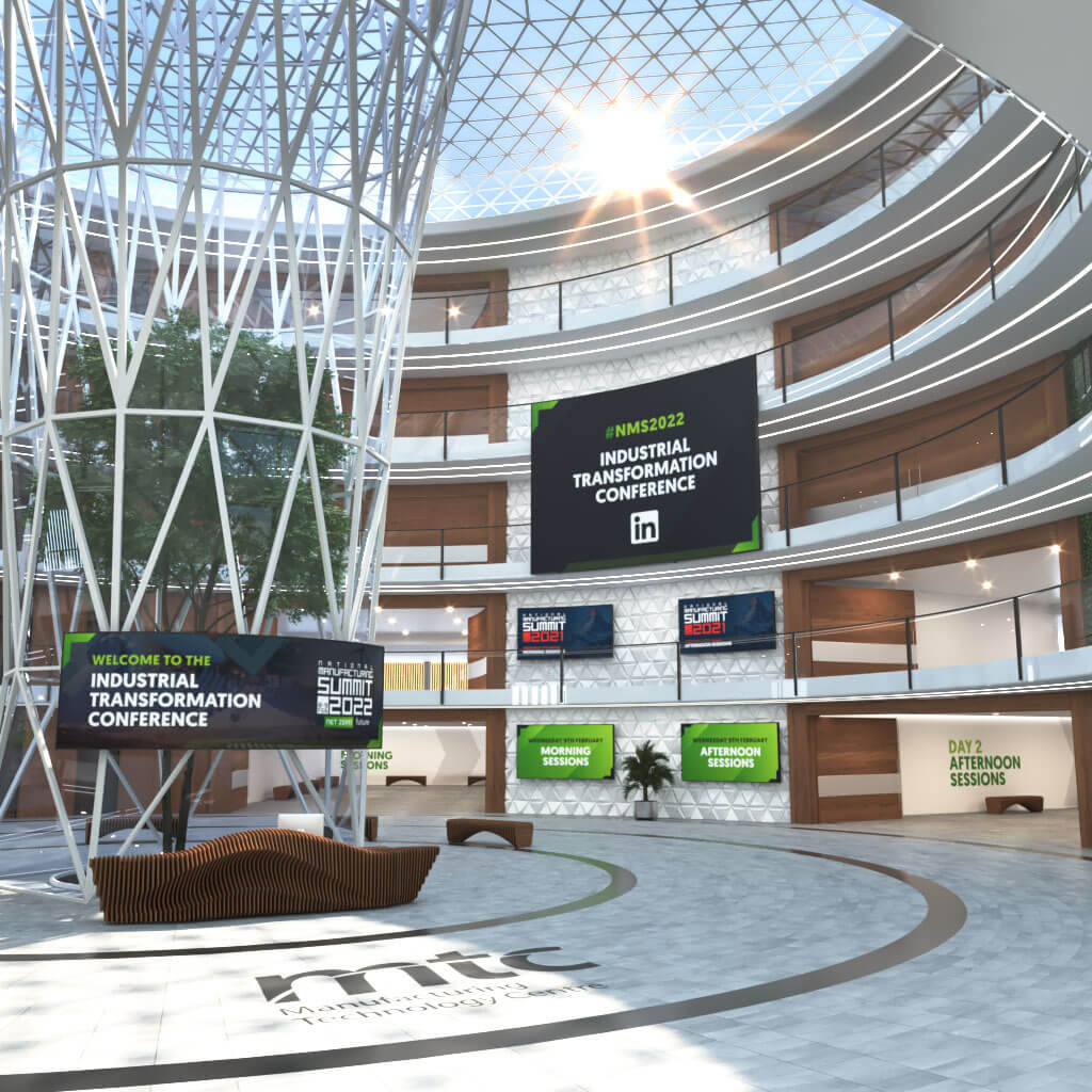 3D visual of a conference entry room, with screens and decoration