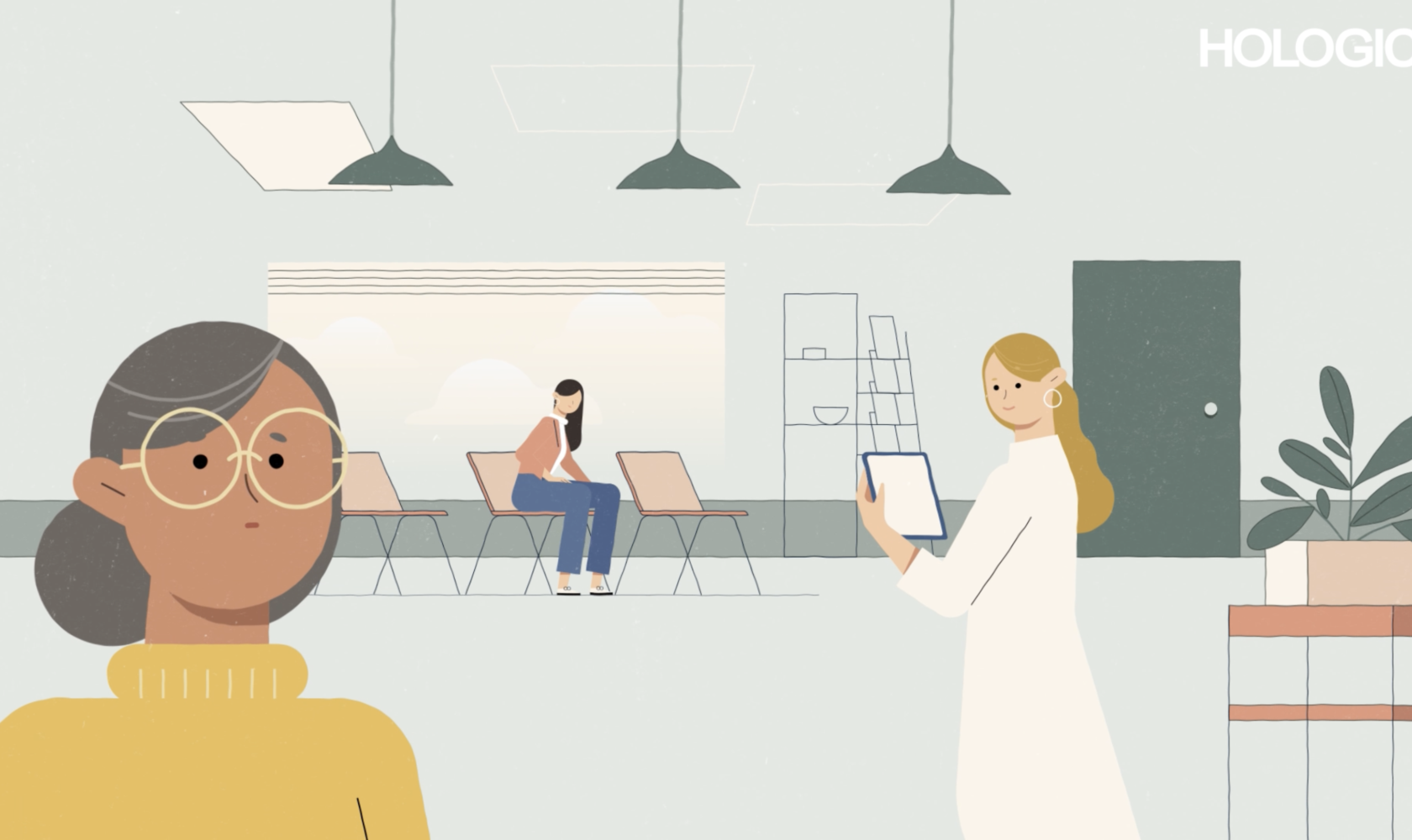 'Før' billede af et animeret hospitals setting i et venteværelse med en læge og fire patienter.