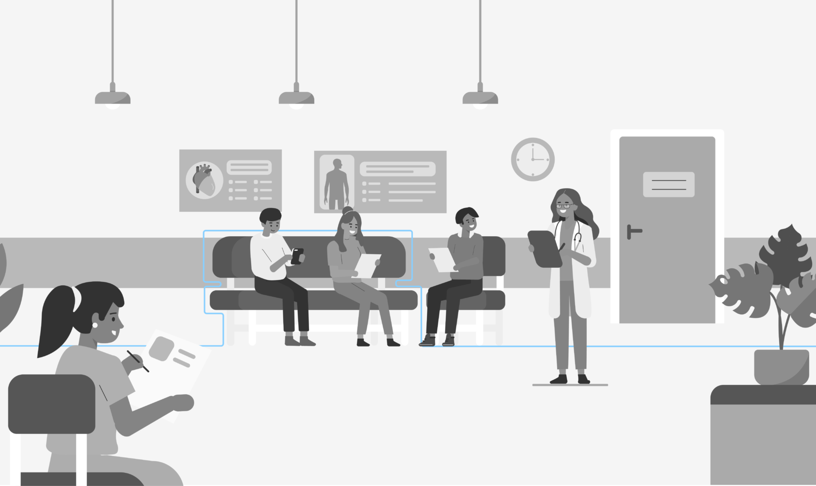 'Før' billede af et animeret hospitals setting i et venteværelse med en læge og fire patienter.