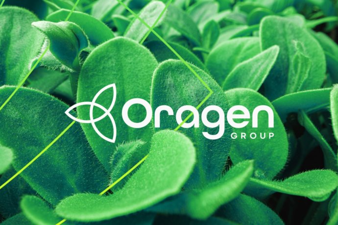 Oragen Group brand identitet logo, ovenpå salat blade.
