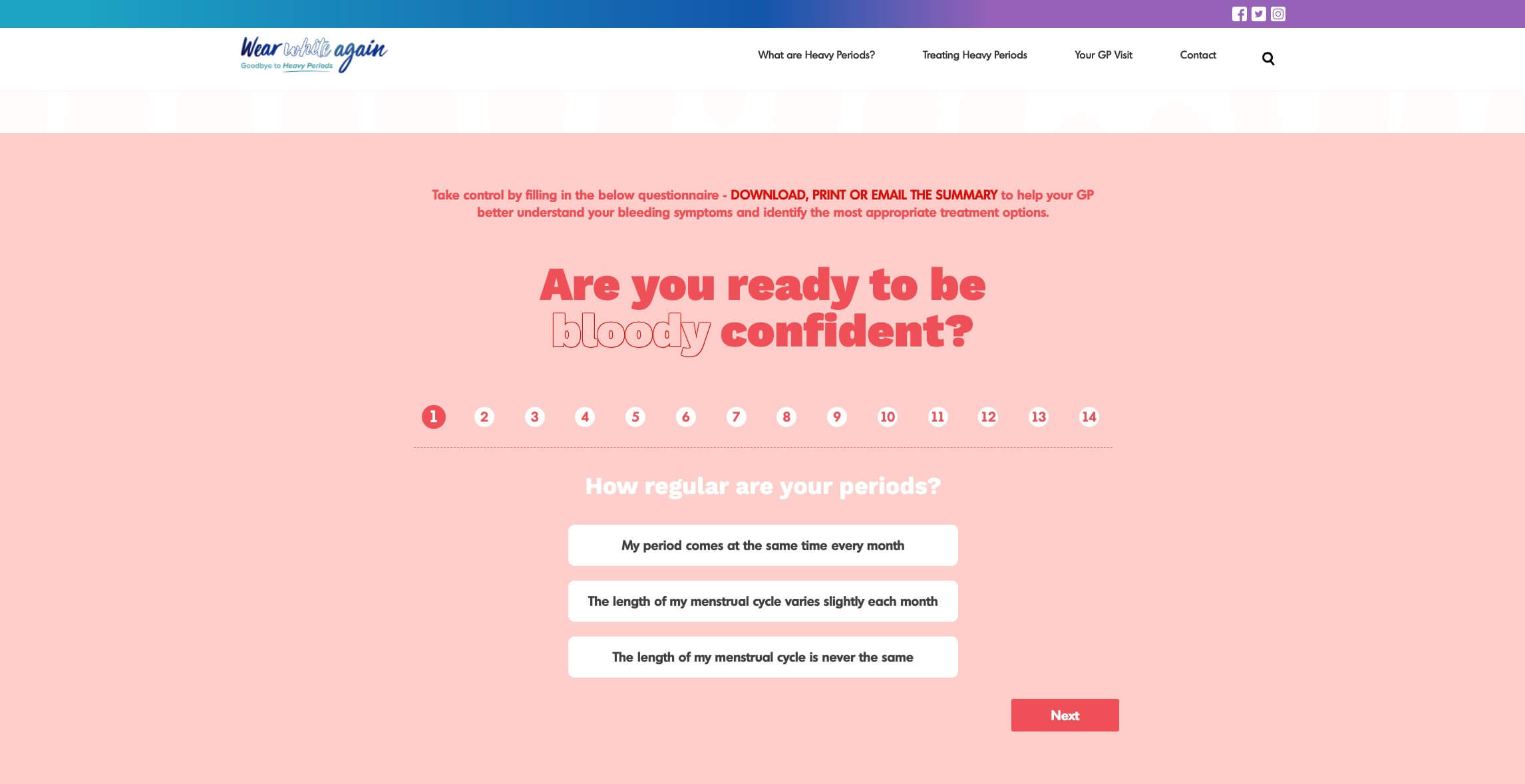 Questionnaire from Be Bloody Confident landing page.
